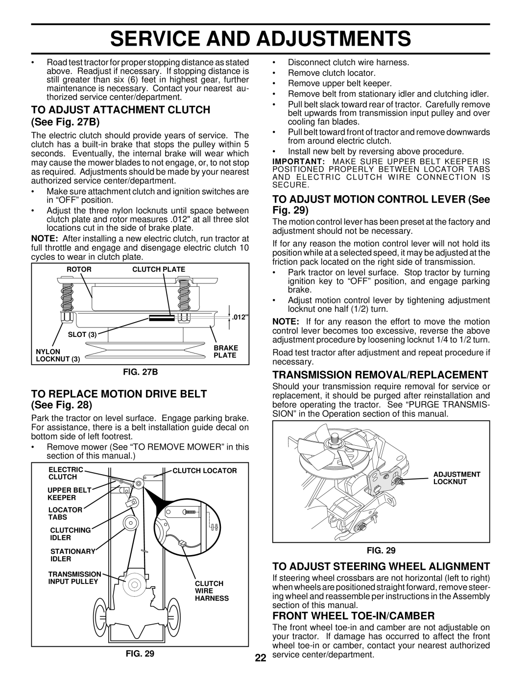 Husqvarna LTH130 Service And Adjustments, TO ADJUST ATTACHMENT CLUTCH See B, TO ADJUST MOTION CONTROL LEVER See Fig 