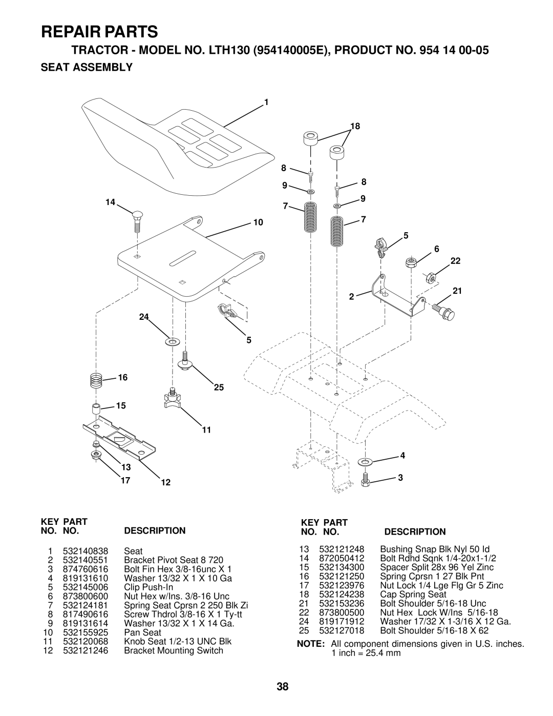 Husqvarna LTH130 owner manual Repair Parts, Seat Assembly, Key Part, No. No, Description 
