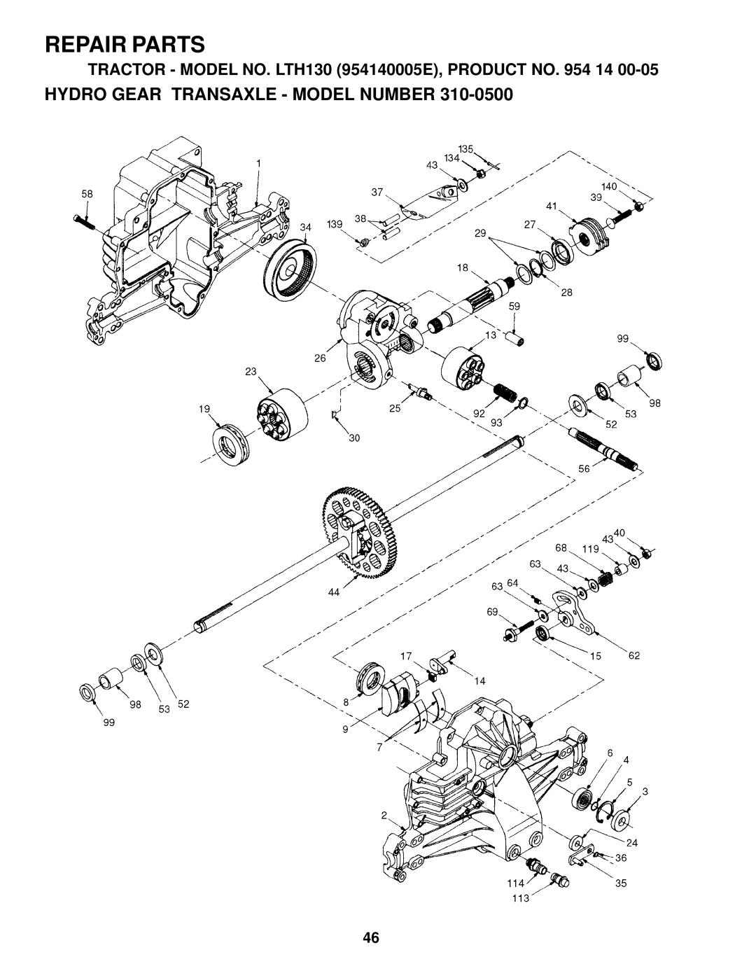 Husqvarna LTH130 owner manual Hydro Gear Transaxle - Model Number, Repair Parts 