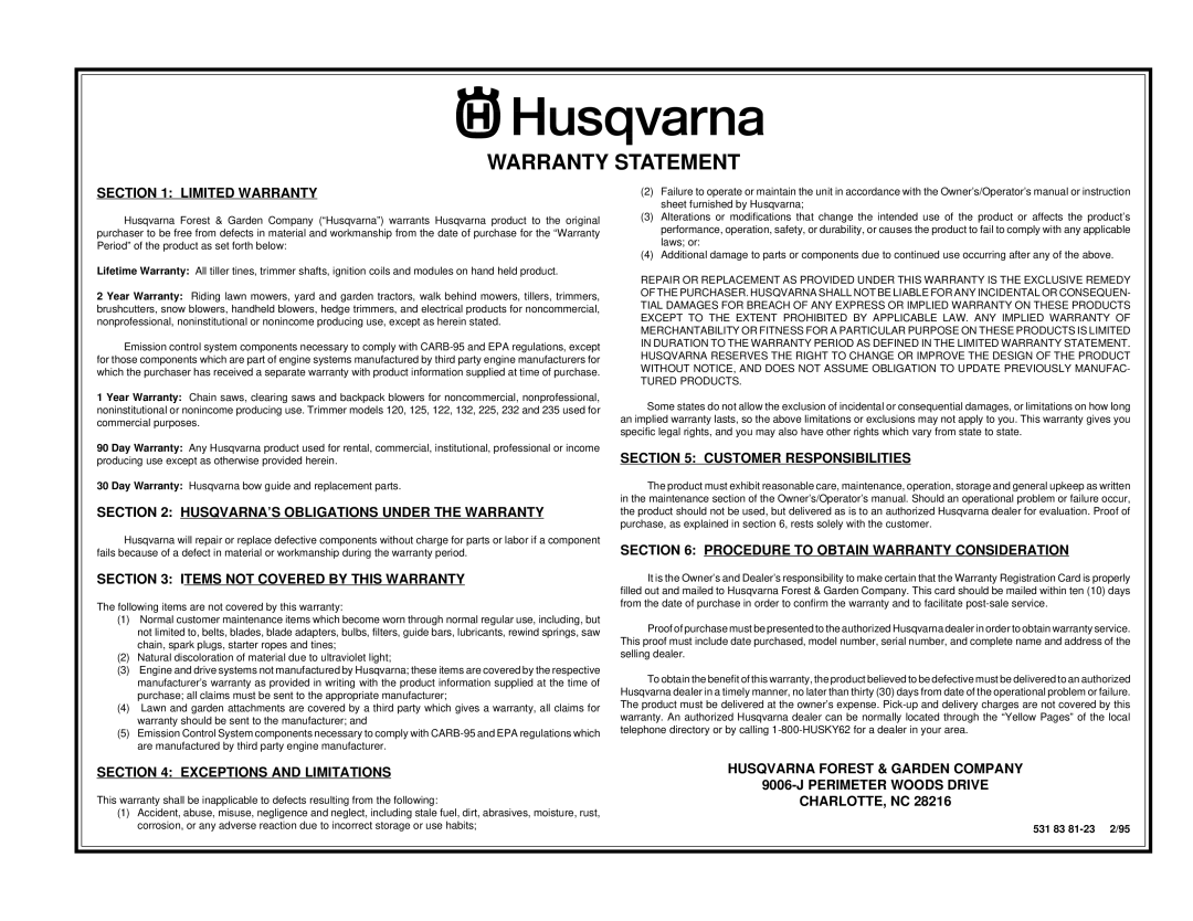 Husqvarna LTH130 Warranty Statement, Limited Warranty, Husqvarna’S Obligations Under The Warranty, Charlotte, Nc 