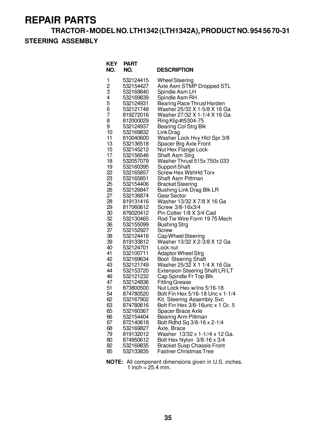 Husqvarna LTH1342A manual KEY Part NO. NO.DESCRIPTION 