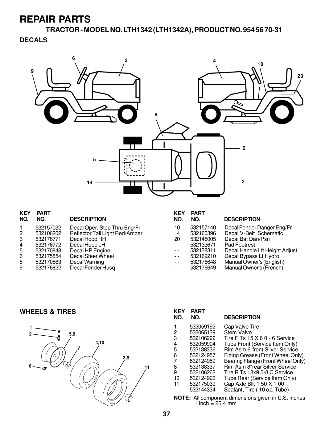 Husqvarna LTH1342A manual Decals, Wheels & Tires 