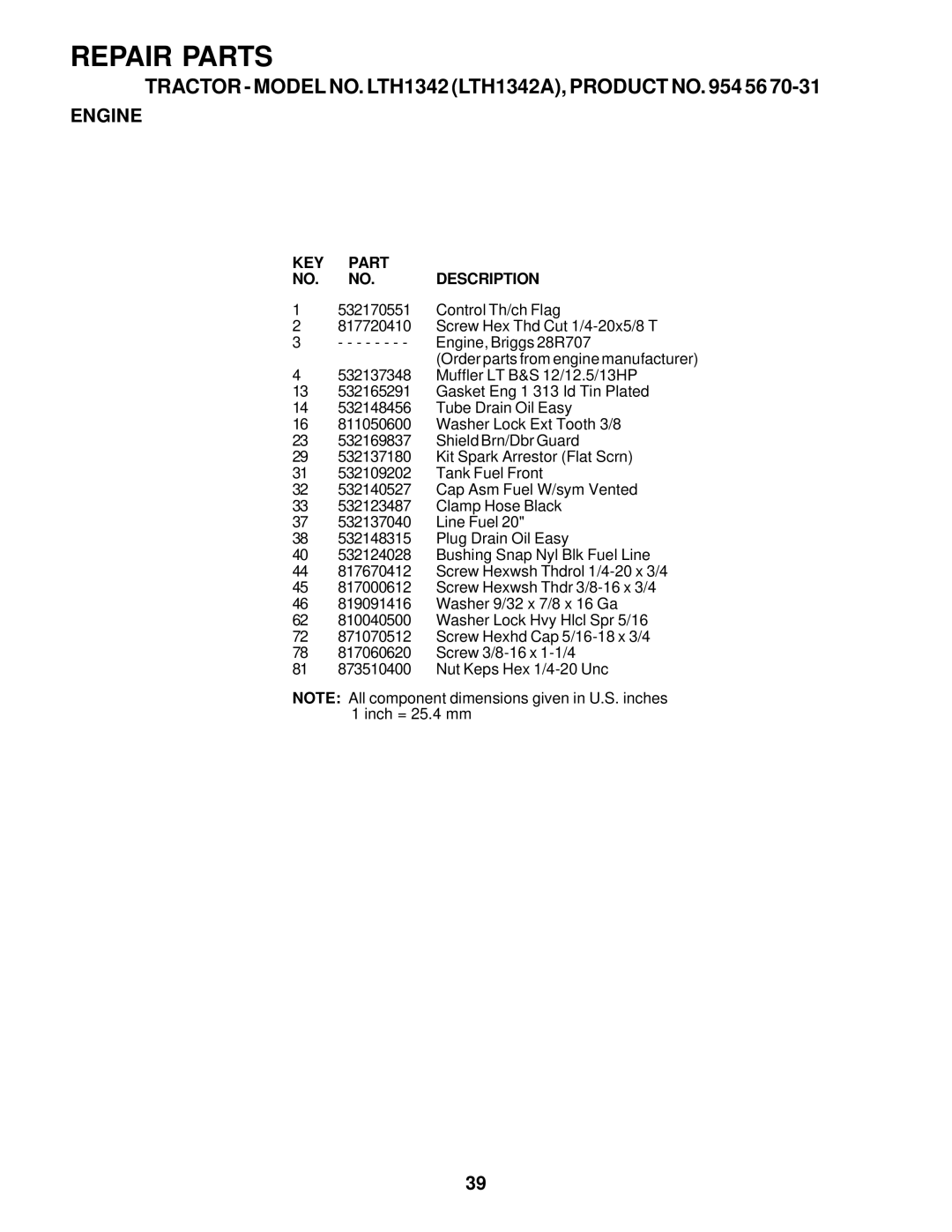 Husqvarna LTH1342A manual KEY Part NO. NO. Description 