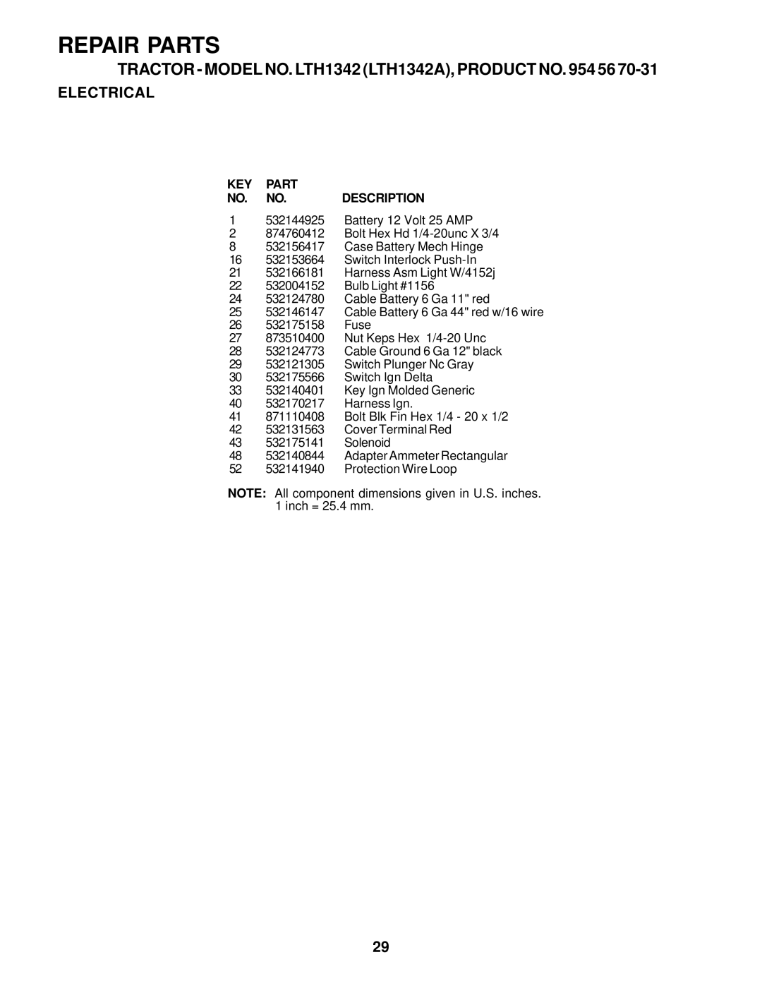 Husqvarna LTH1342A manual KEY Part NO. NO.DESCRIPTION 