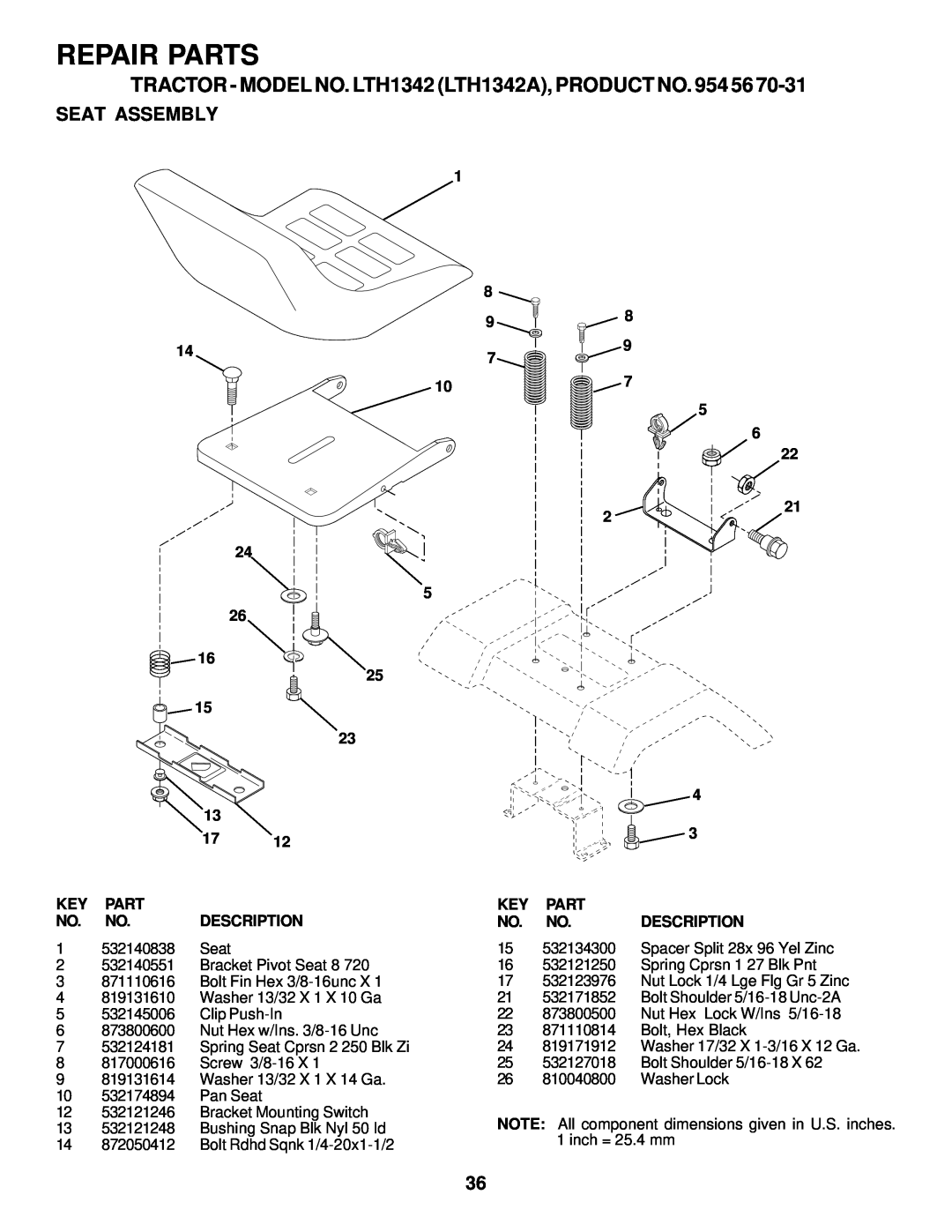 Husqvarna manual Seat Assembly, Repair Parts, TRACTOR - MODEL NO. LTH1342 LTH1342A, PRODUCT NO. 954 56, Description 