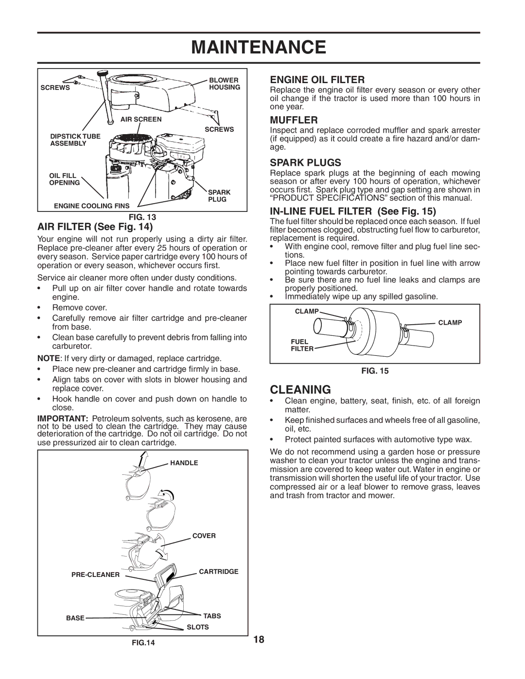 Husqvarna LTH135 owner manual Cleaning, Engine OIL Filter, Muffler, Spark Plugs 