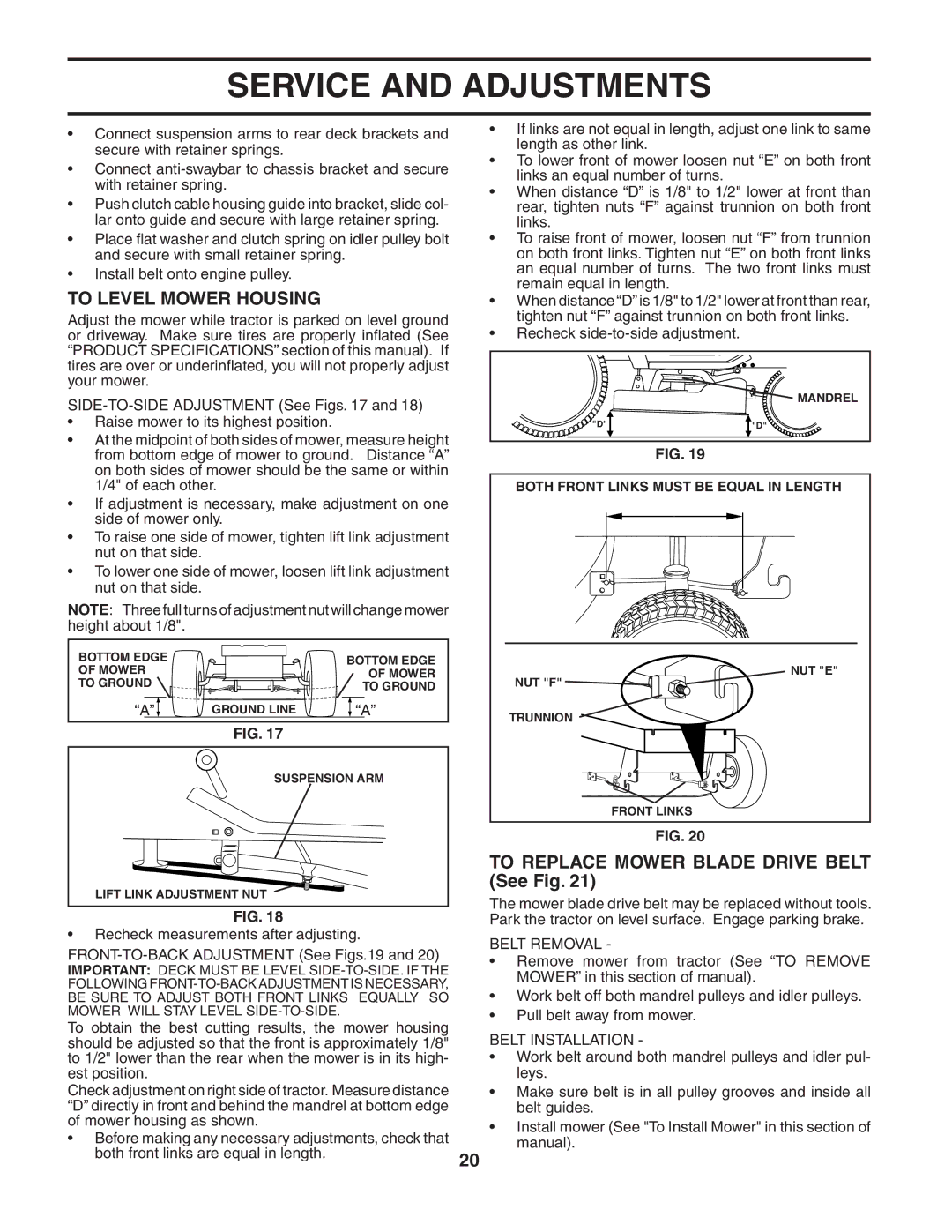 Husqvarna LTH135 To Level Mower Housing, To Replace Mower Blade Drive Belt See Fig, Belt Removal, Belt Installation 