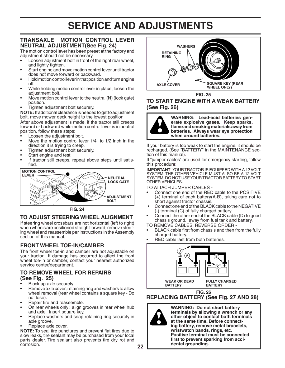 Husqvarna LTH135 owner manual To Adjust Steering Wheel Alignment, Front Wheel TOE-IN/CAMBER, To Remove Wheel for Repairs 