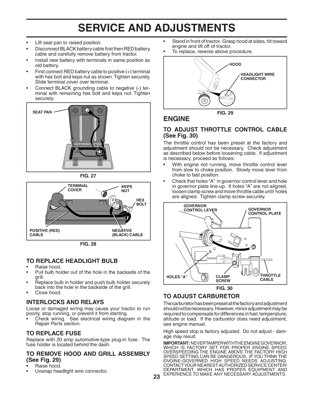 Husqvarna LTH135 owner manual To Replace Headlight Bulb, Interlocks and Relays, To Replace Fuse, To Adjust Carburetor 