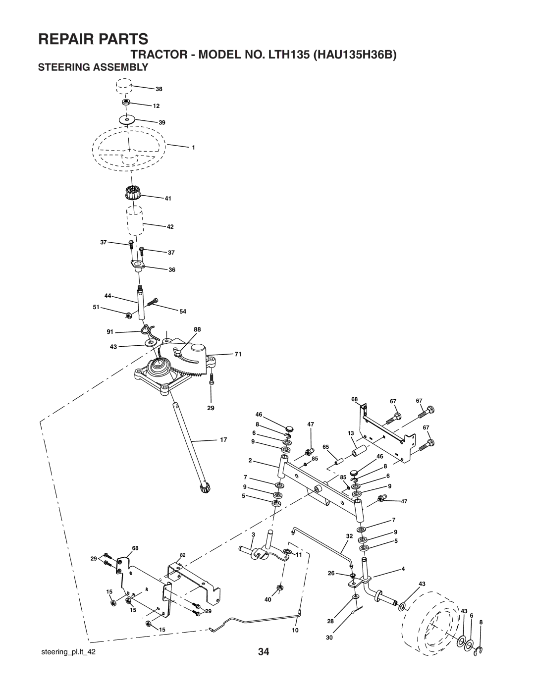 Husqvarna LTH135 owner manual Steering Assembly 