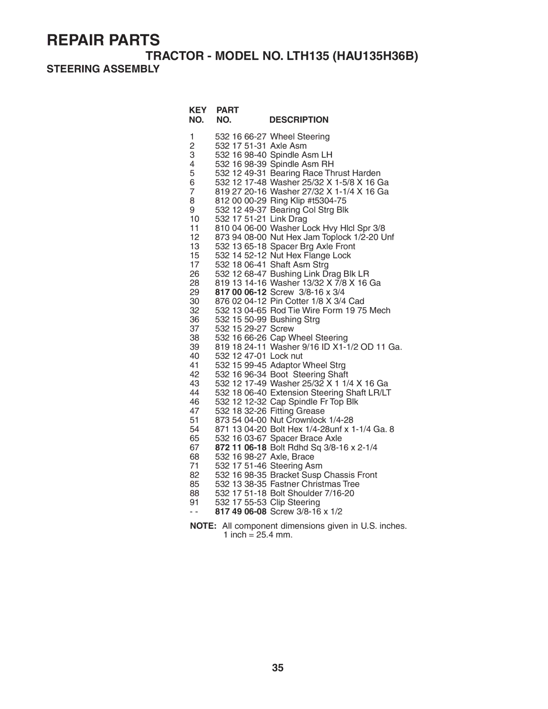 Husqvarna LTH135 owner manual KEY Part NO. NO. Description 