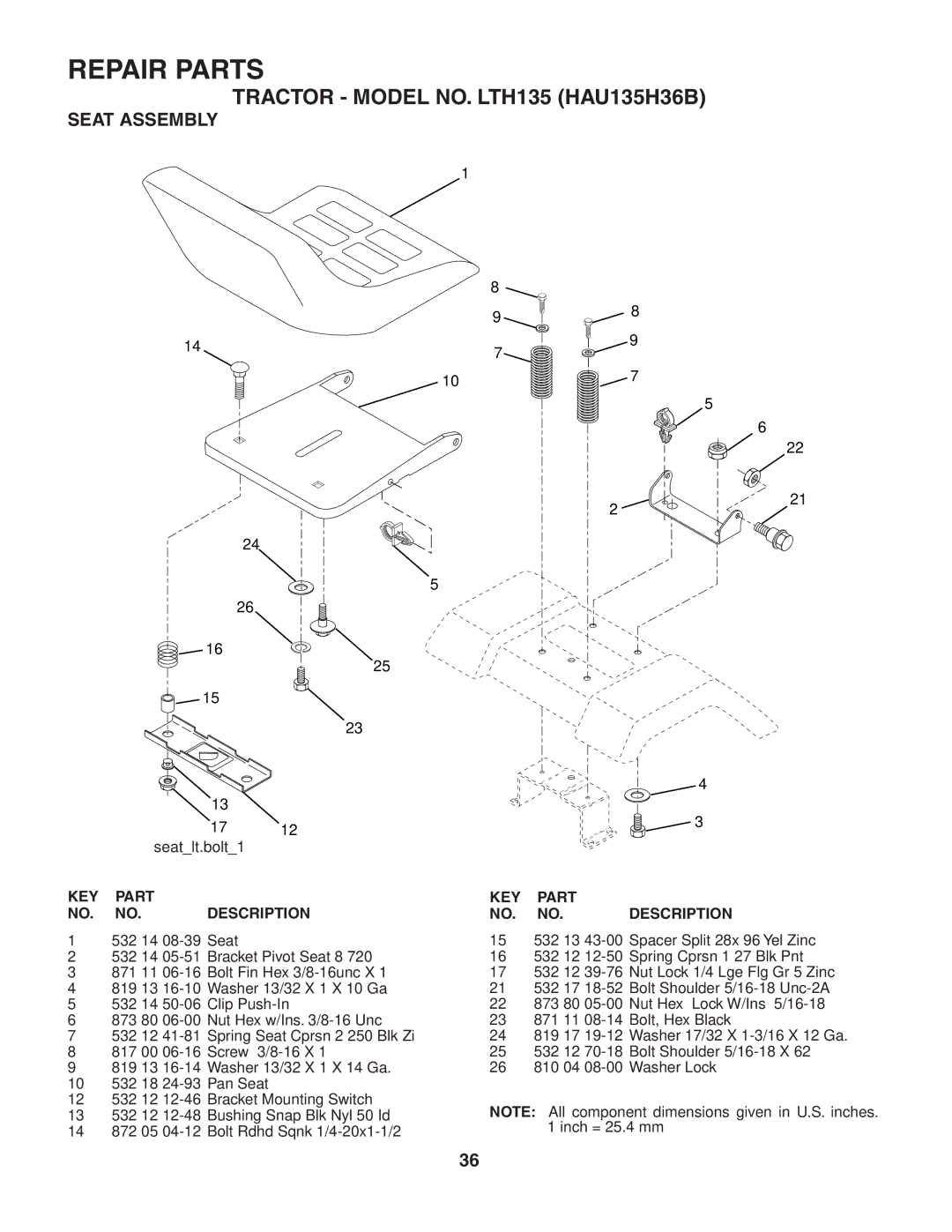 Husqvarna LTH135 owner manual Seat Assembly 