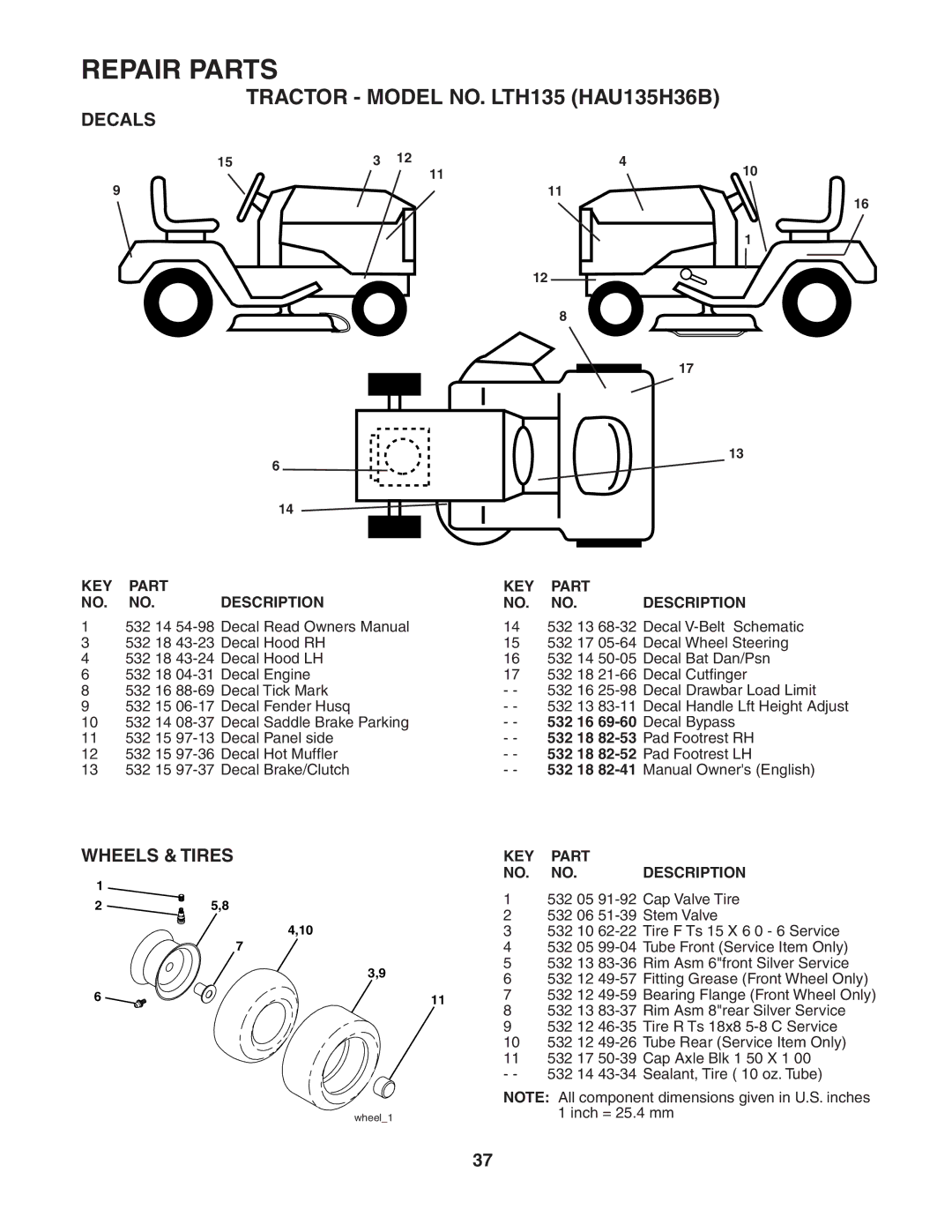 Husqvarna LTH135 owner manual Decals, Wheels & Tires 