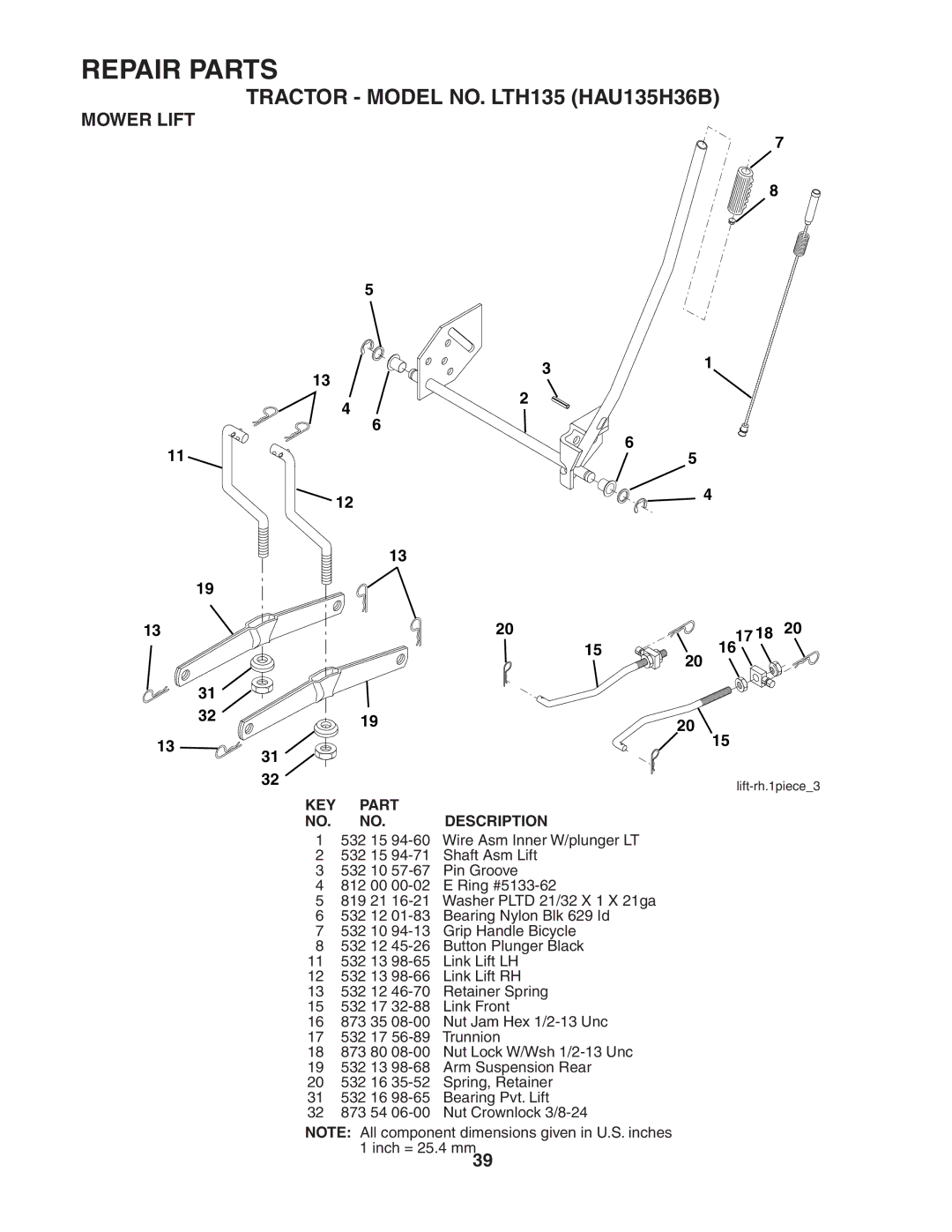 Husqvarna LTH135 owner manual Mower Lift, KEY Part NO. no Description 