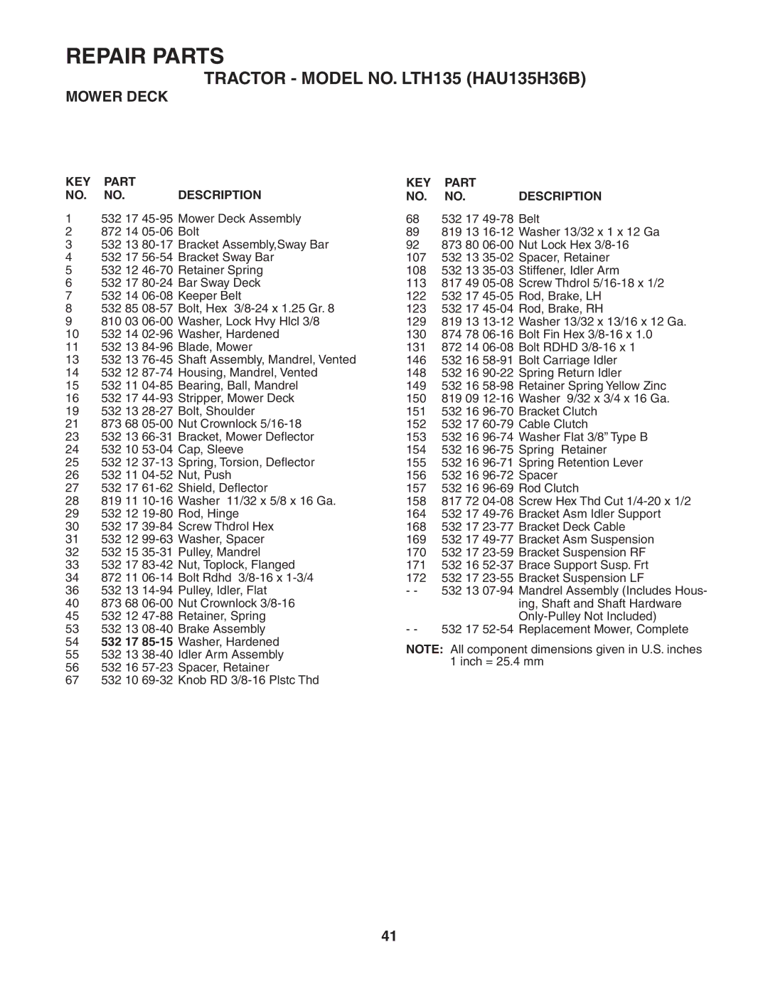 Husqvarna LTH135 owner manual KEY Part NO. NO. Description 