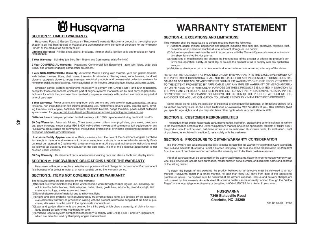 Husqvarna LTH135 owner manual Warranty Statement 