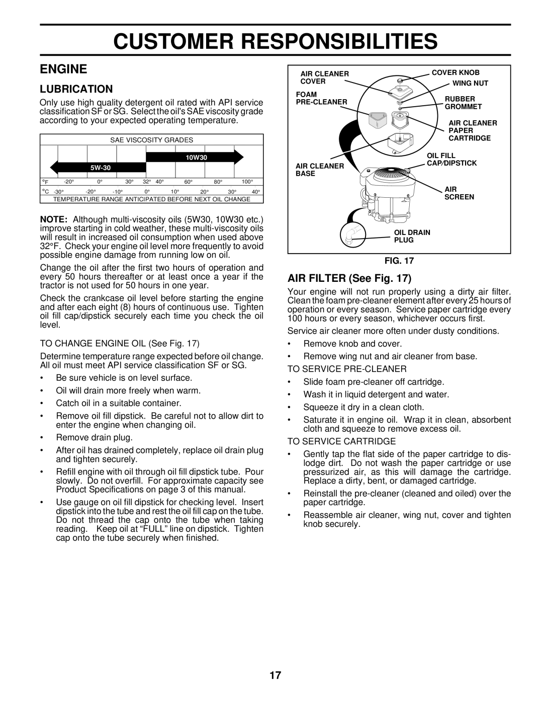 Husqvarna LTH140 owner manual Engine, Lubrication, AIR Filter See Fig, To Service PRE-CLEANER, To Service Cartridge 