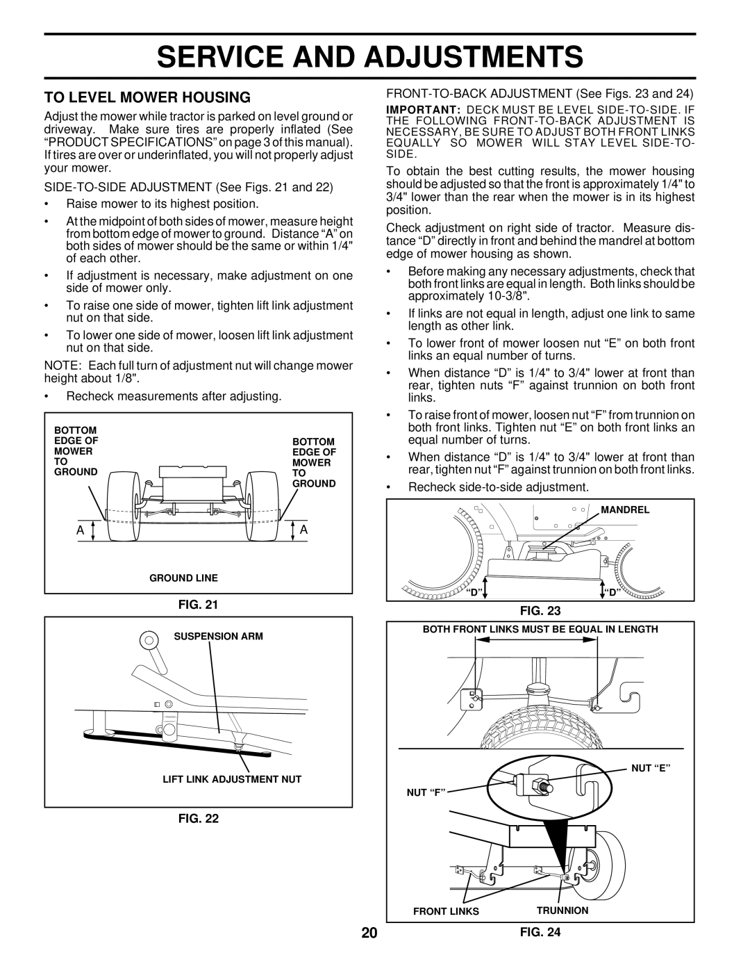 Husqvarna LTH140 owner manual To Level Mower Housing, FRONT-TO-BACK Adjustment See Figs 