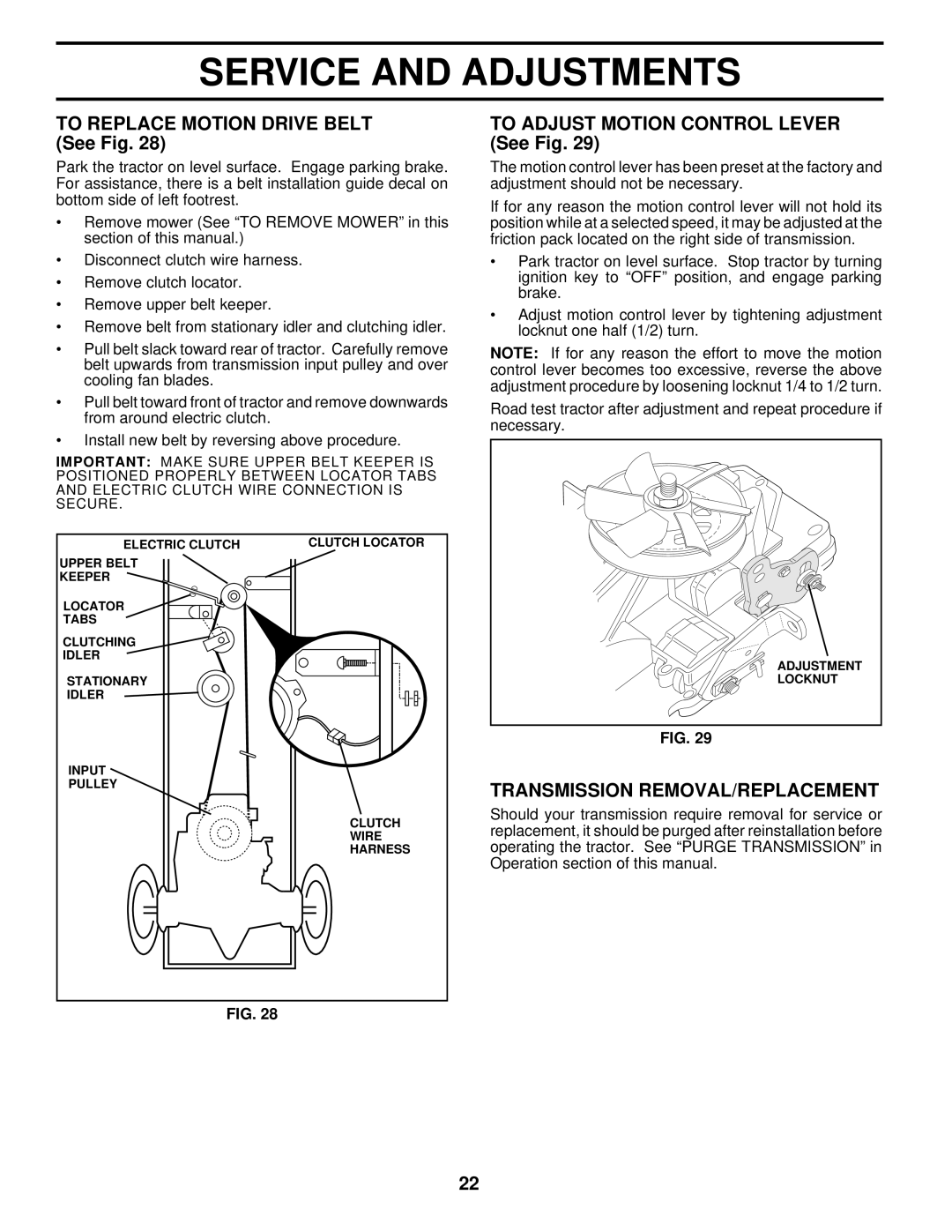 Husqvarna LTH140 owner manual To Replace Motion Drive Belt See Fig, To Adjust Motion Control Lever See Fig 