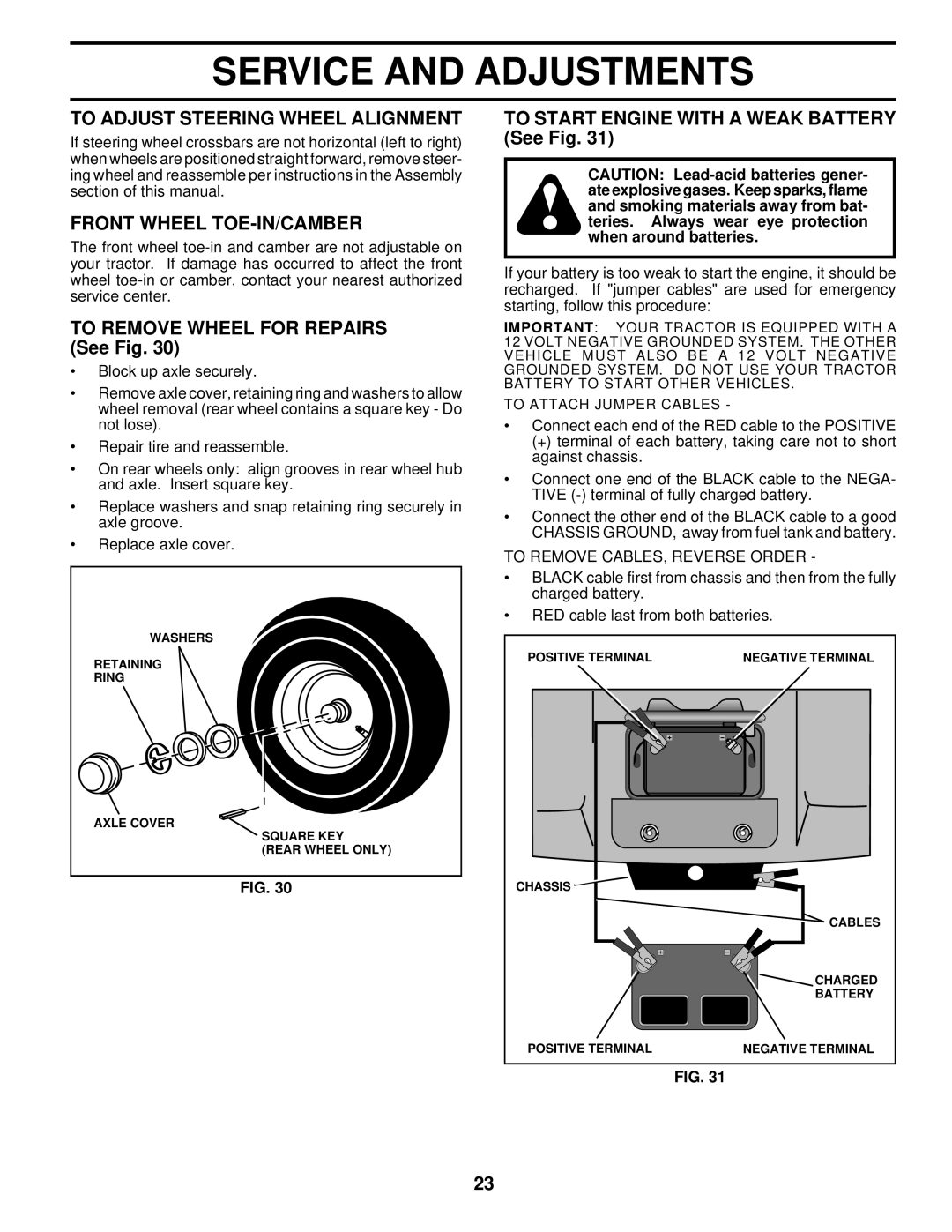 Husqvarna LTH140 To Adjust Steering Wheel Alignment, Front Wheel TOE-IN/CAMBER, To Remove Wheel for Repairs See Fig 