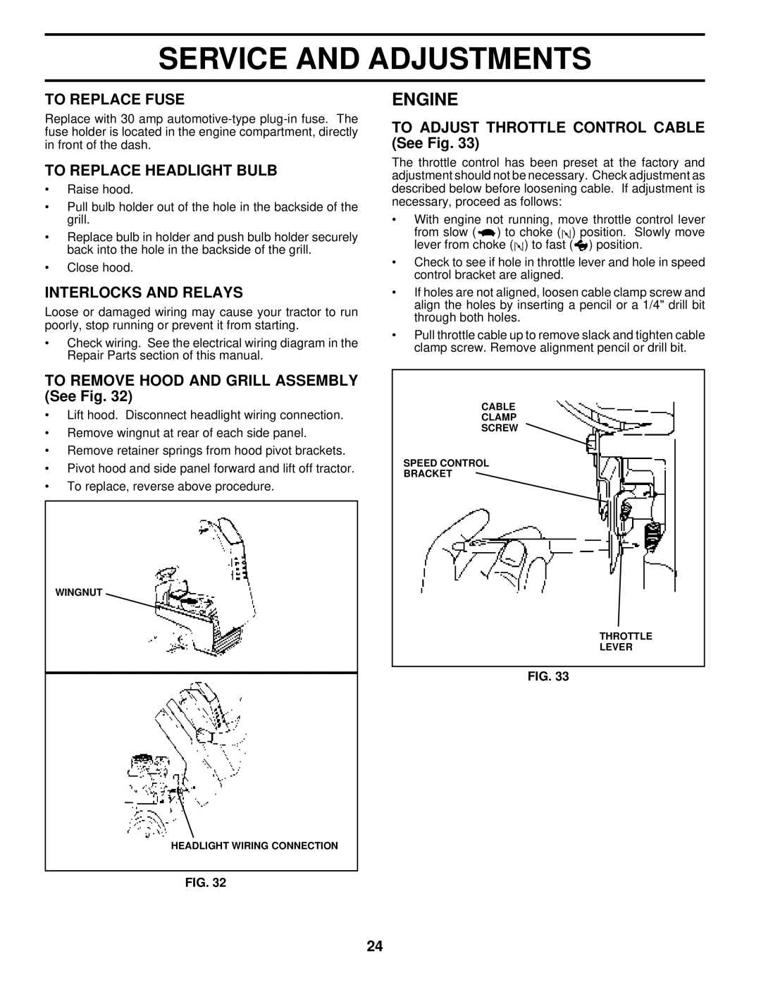 Husqvarna LTH140 owner manual To Replace Fuse, To Replace Headlight Bulb, Interlocks and Relays 