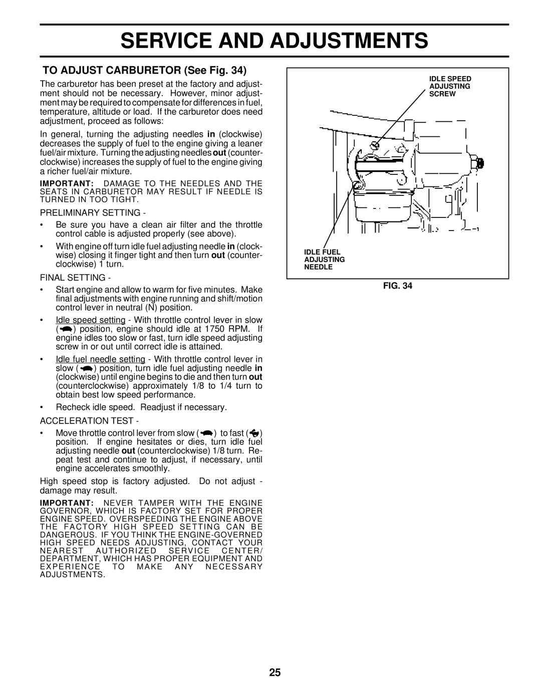 Husqvarna LTH140 owner manual To Adjust Carburetor See Fig, Preliminary Setting, Final Setting, Acceleration Test 