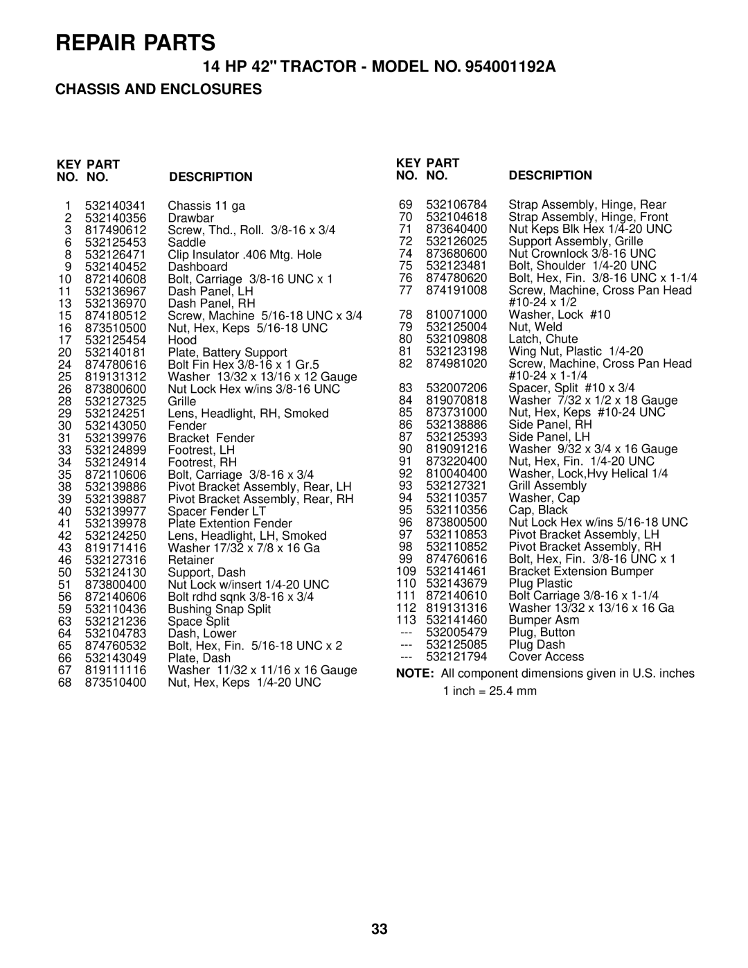 Husqvarna LTH140 owner manual KEY Part NO. no Description 