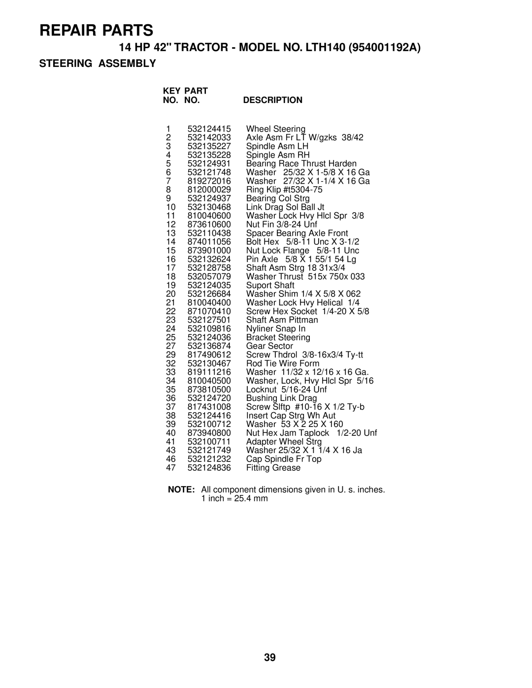 Husqvarna LTH140 owner manual Repair Parts 