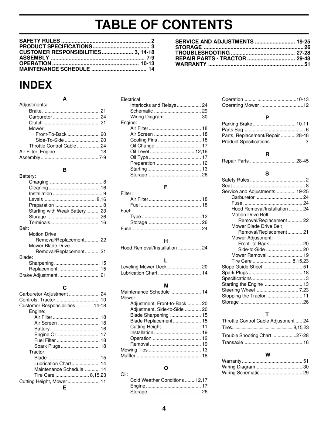 Husqvarna LTH140 owner manual Table of Contents 