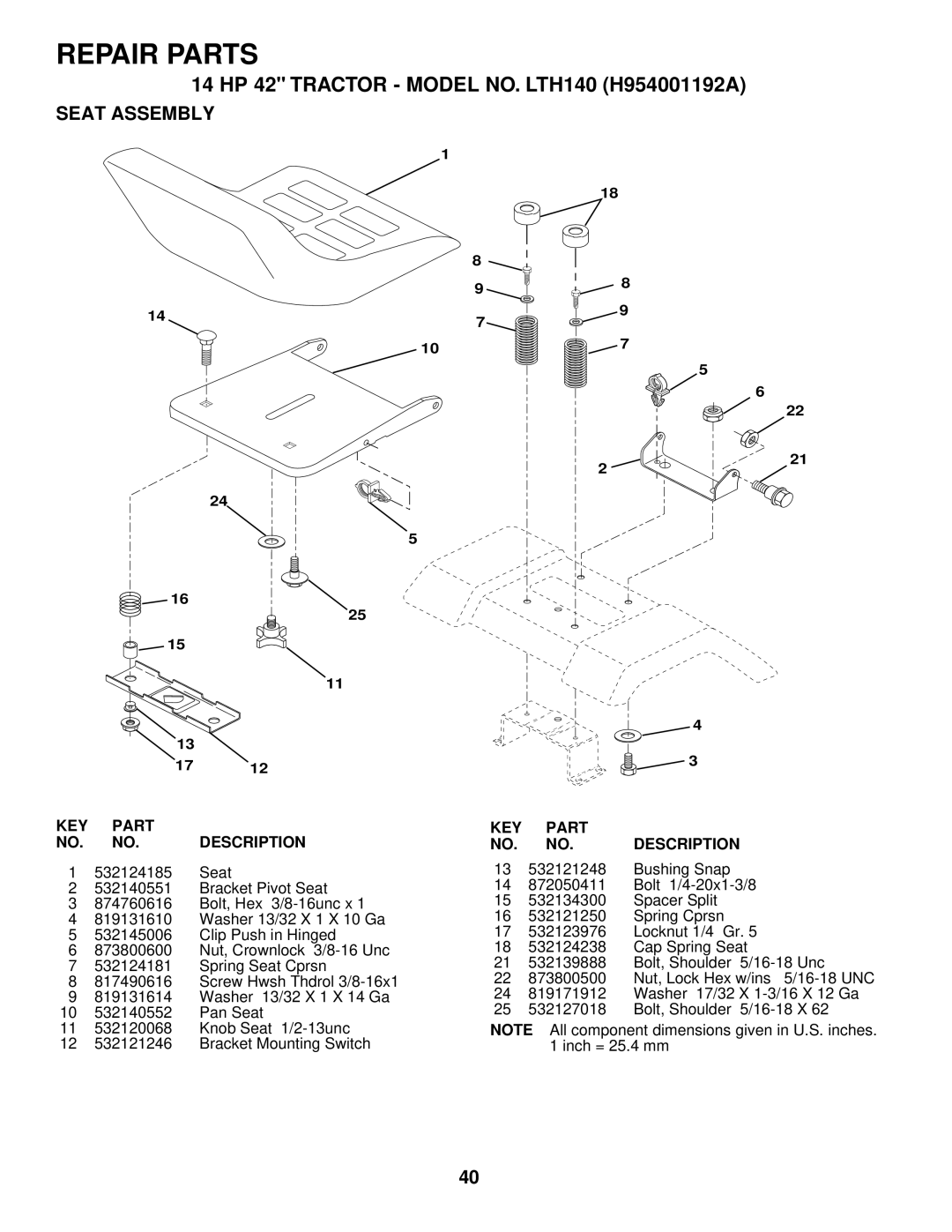 Husqvarna owner manual 14 HP 42 Tractor Model NO. LTH140 H954001192A, Seat Assembly 