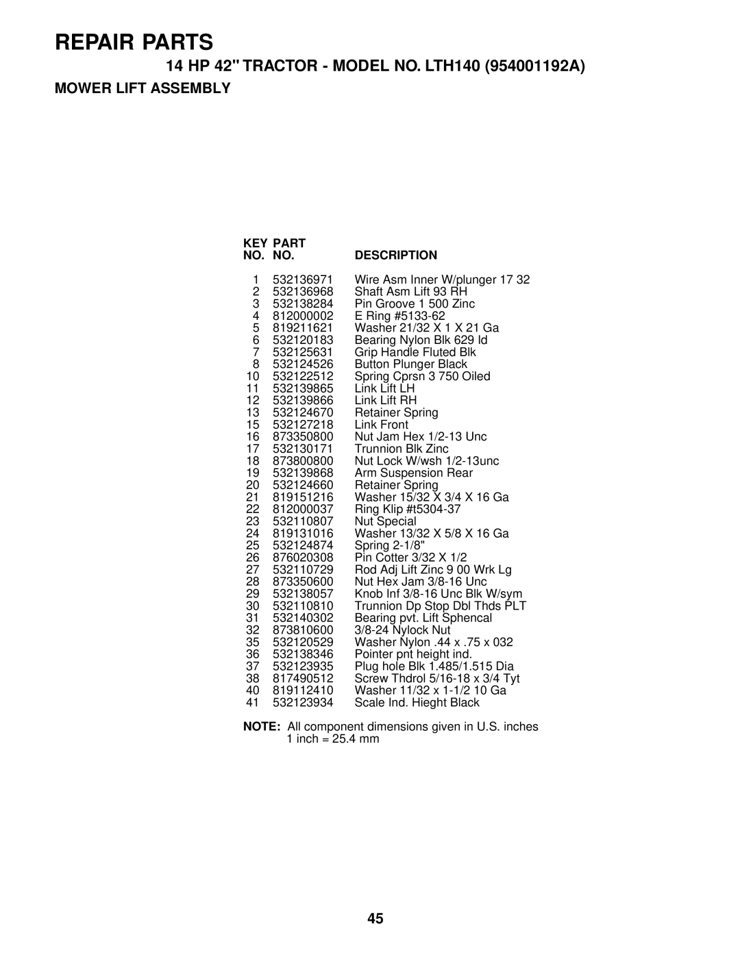 Husqvarna LTH140 owner manual Repair Parts 