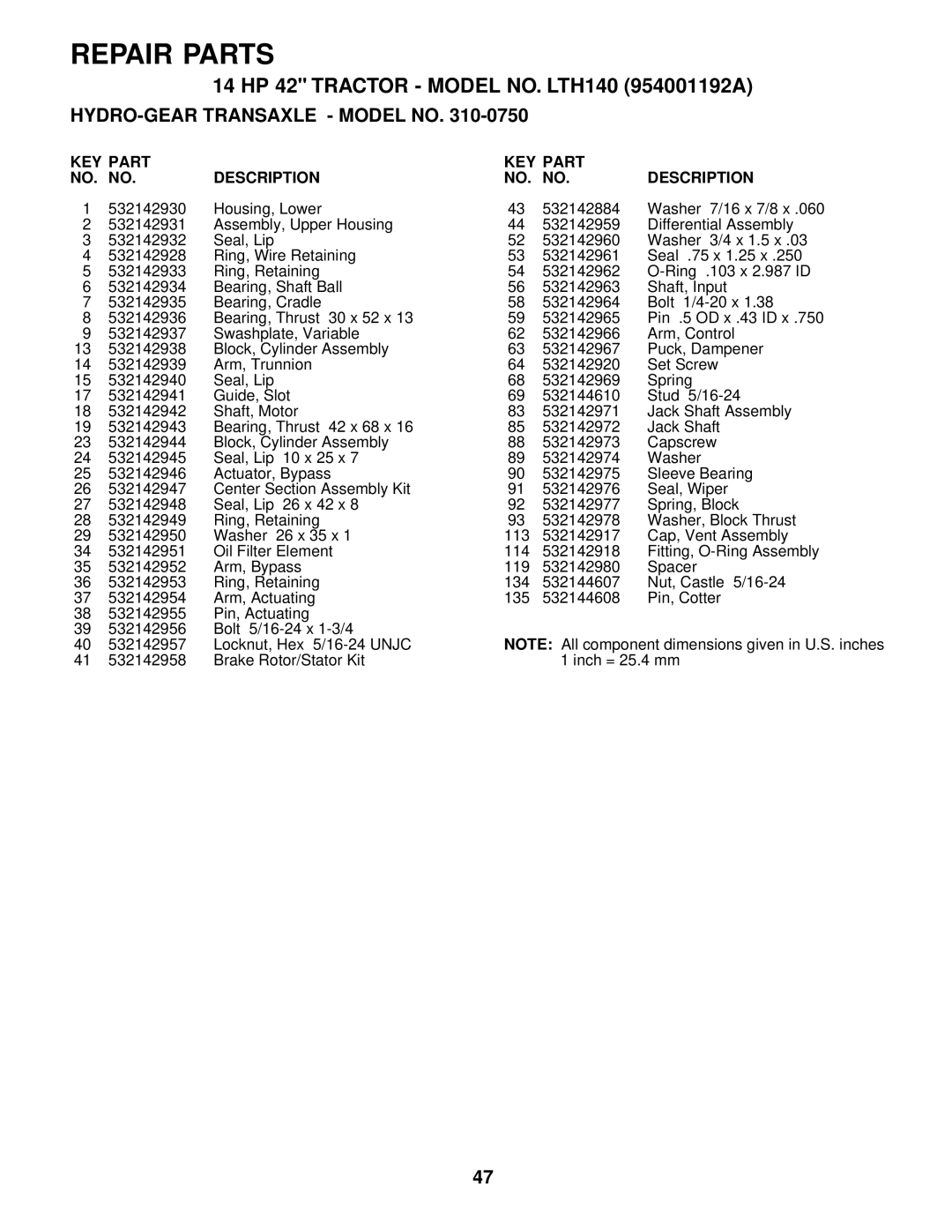 Husqvarna LTH140 owner manual Repair Parts 