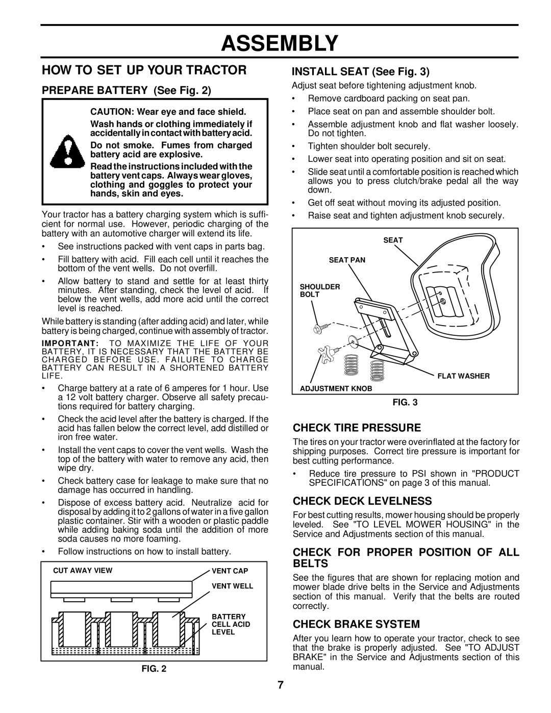 Husqvarna LTH140 owner manual HOW to SET UP Your Tractor, Check Tire Pressure, Check Deck Levelness, Check Brake System 