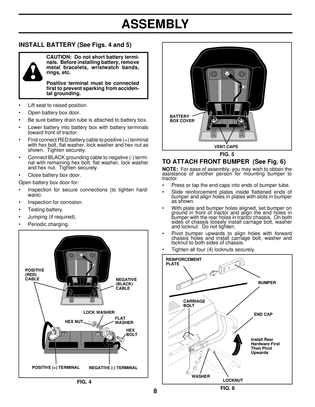 Husqvarna LTH140 owner manual Install Battery See Figs, To Attach Front Bumper See Fig 