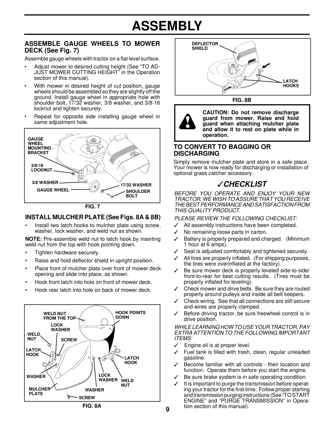 Husqvarna LTH140 owner manual Assemble Gauge Wheels to Mower Deck See Fig, To Convert to Bagging or Discharging 