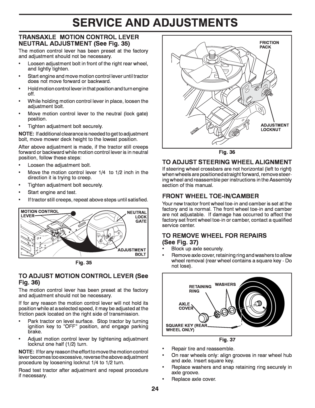Husqvarna LTH1438 Service And Adjustments, TO ADJUST MOTION CONTROL LEVER See Fig, To Adjust Steering Wheel Alignment 