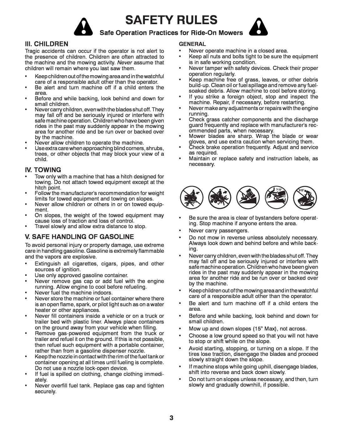 Husqvarna LTH1438 owner manual Safety Rules, Safe Operation Practices for Ride-OnMowers, Iii. Children, Iv. Towing, General 