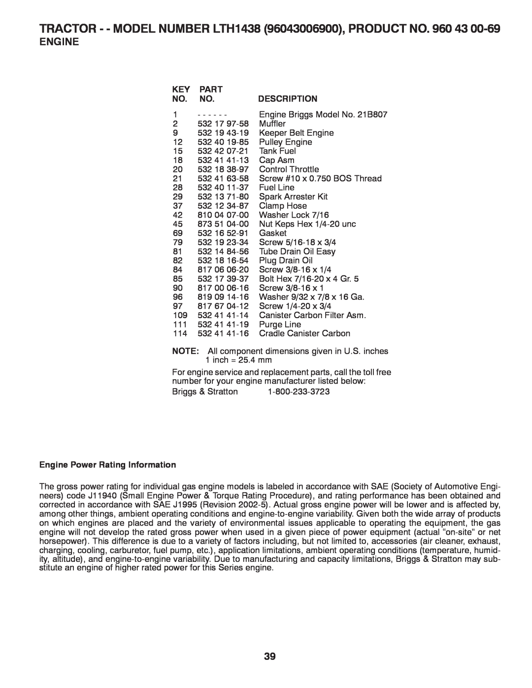 Husqvarna LTH1438 owner manual Part, Description, Engine Power Rating Information 