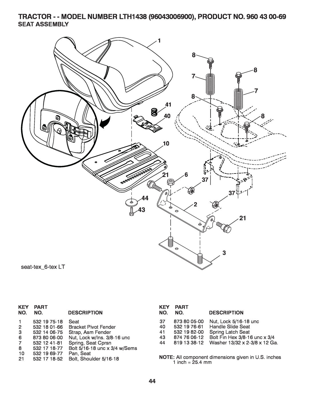 Husqvarna LTH1438 owner manual Seat Assembly, Part, Description, 532 