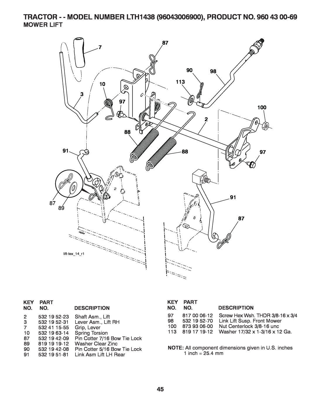 Husqvarna LTH1438 owner manual Mower Lift, Part, Description 