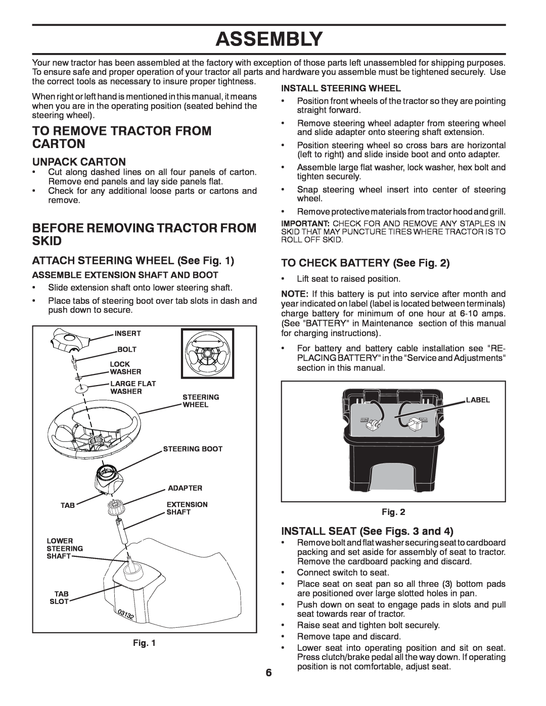 Husqvarna LTH1438 owner manual Assembly, To Remove Tractor From Carton, Before Removing Tractor From Skid, Unpack Carton 