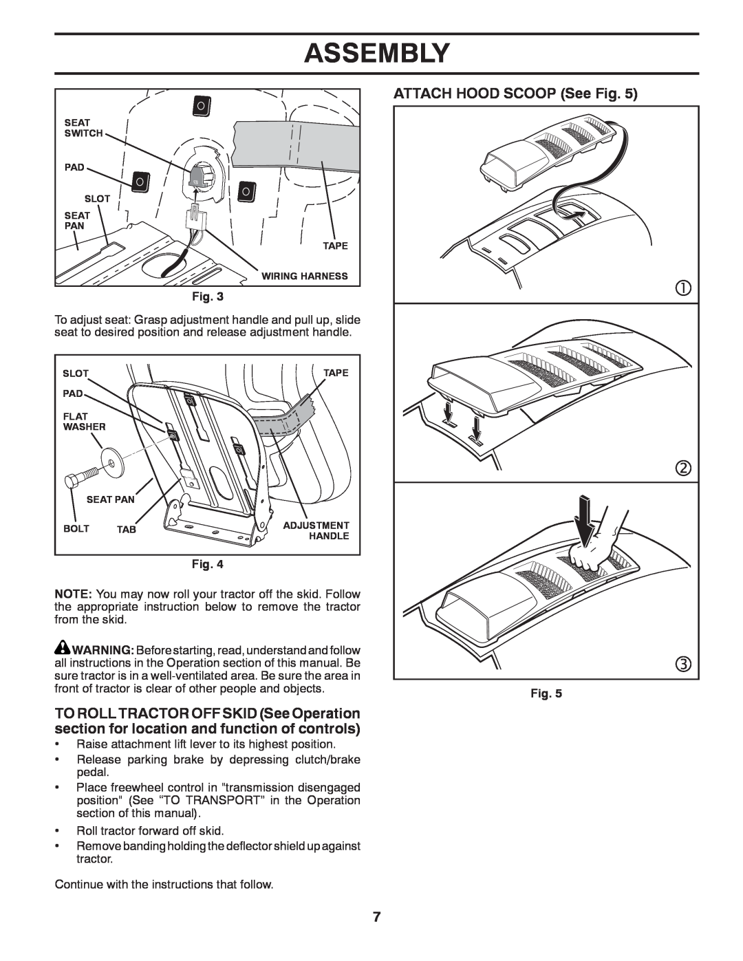 Husqvarna LTH1438 owner manual Assembly, ATTACH HOOD SCOOP See Fig 