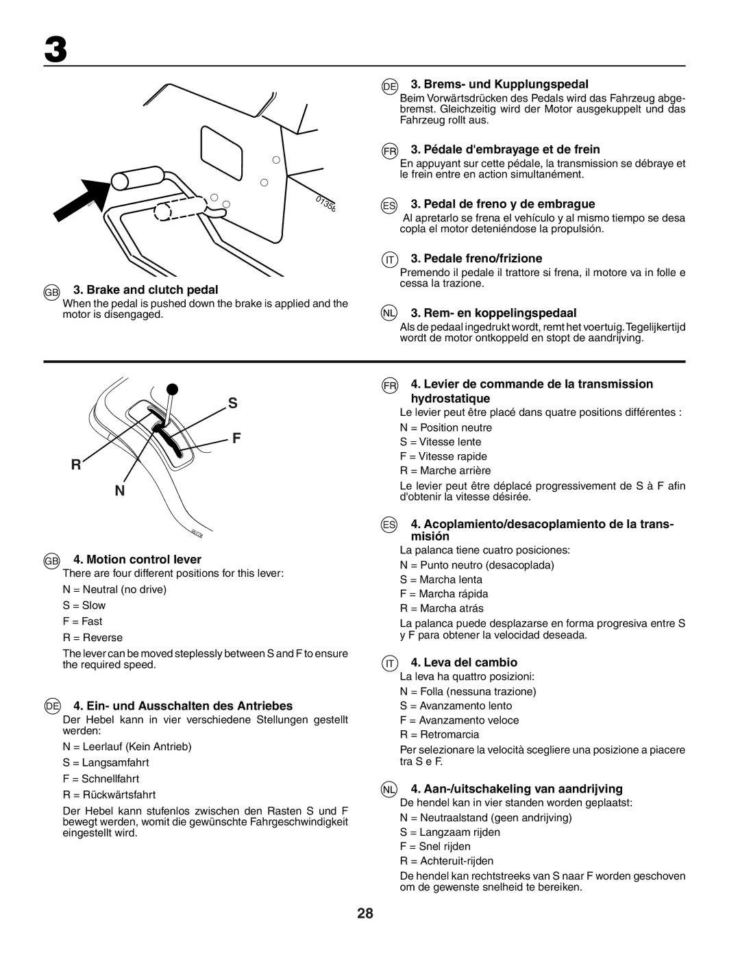 Husqvarna LTH151 Brake and clutch pedal, Motion control lever, Ein- und Ausschalten des Antriebes, Pedale freno/frizione 