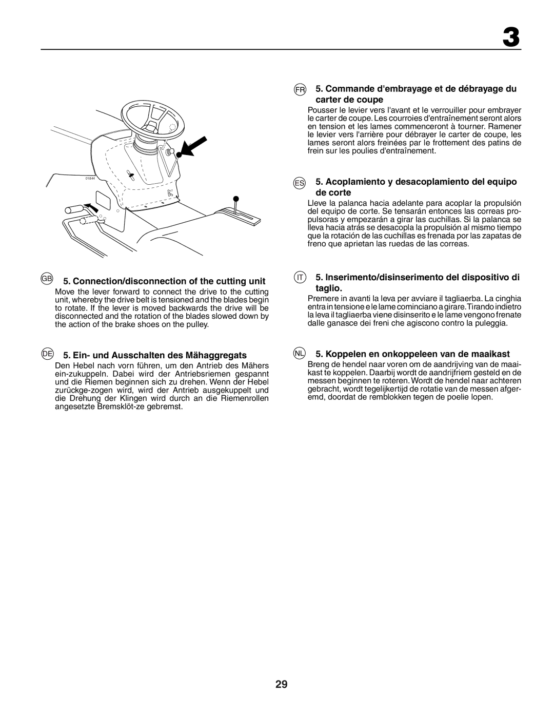 Husqvarna LTH151 Commande dembrayage et de débrayage du carter de coupe, Connection/disconnection of the cutting unit 