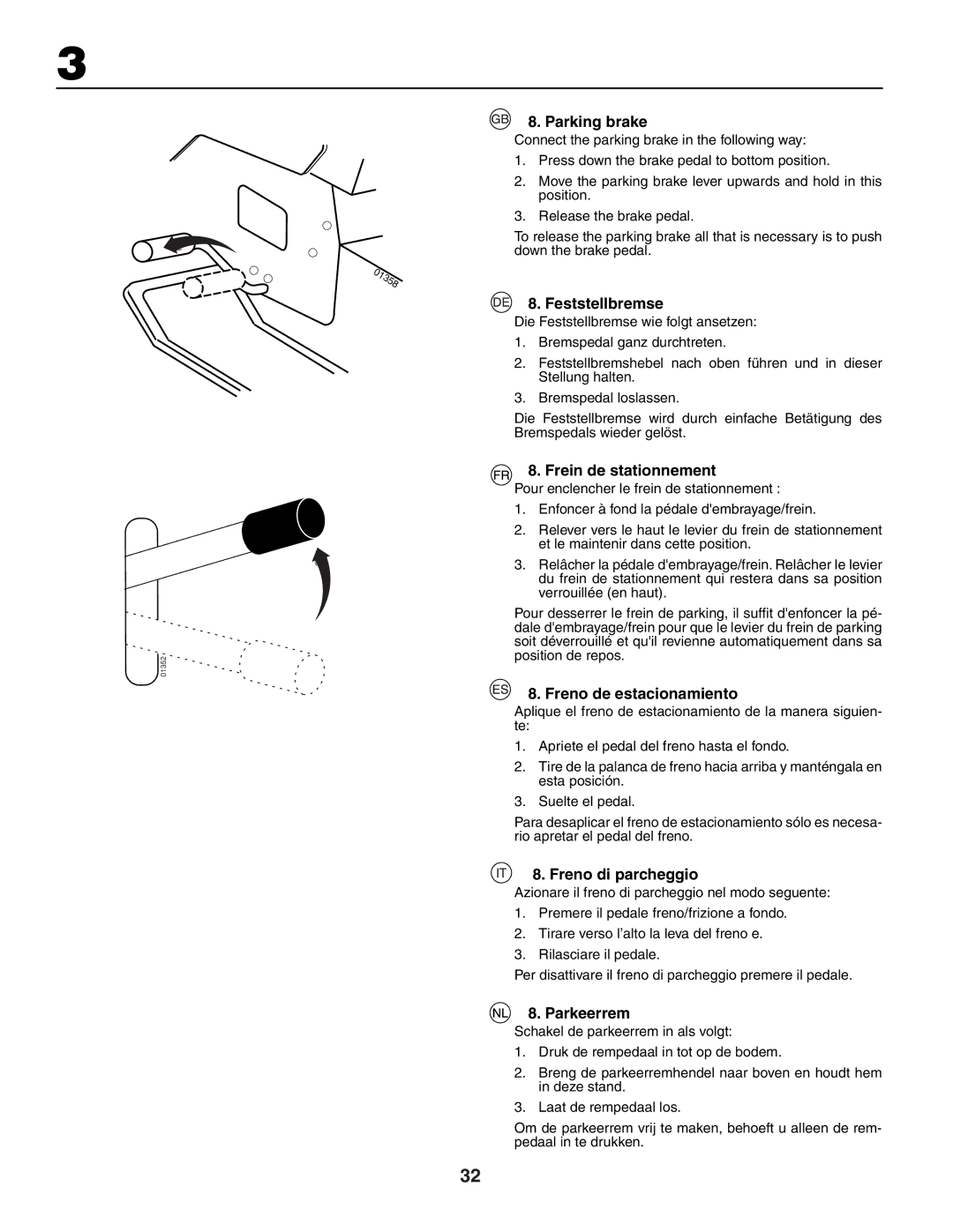 Husqvarna LTH151 Parking brake, Feststellbremse, Frein de stationnement, Freno de estacionamiento, Freno di parcheggio 