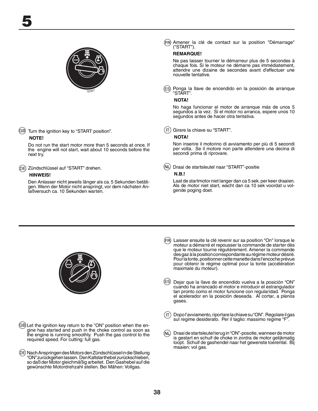 Husqvarna LTH151 instruction manual Hinweis, Amener la clé de contact sur la position Démarrage Start 