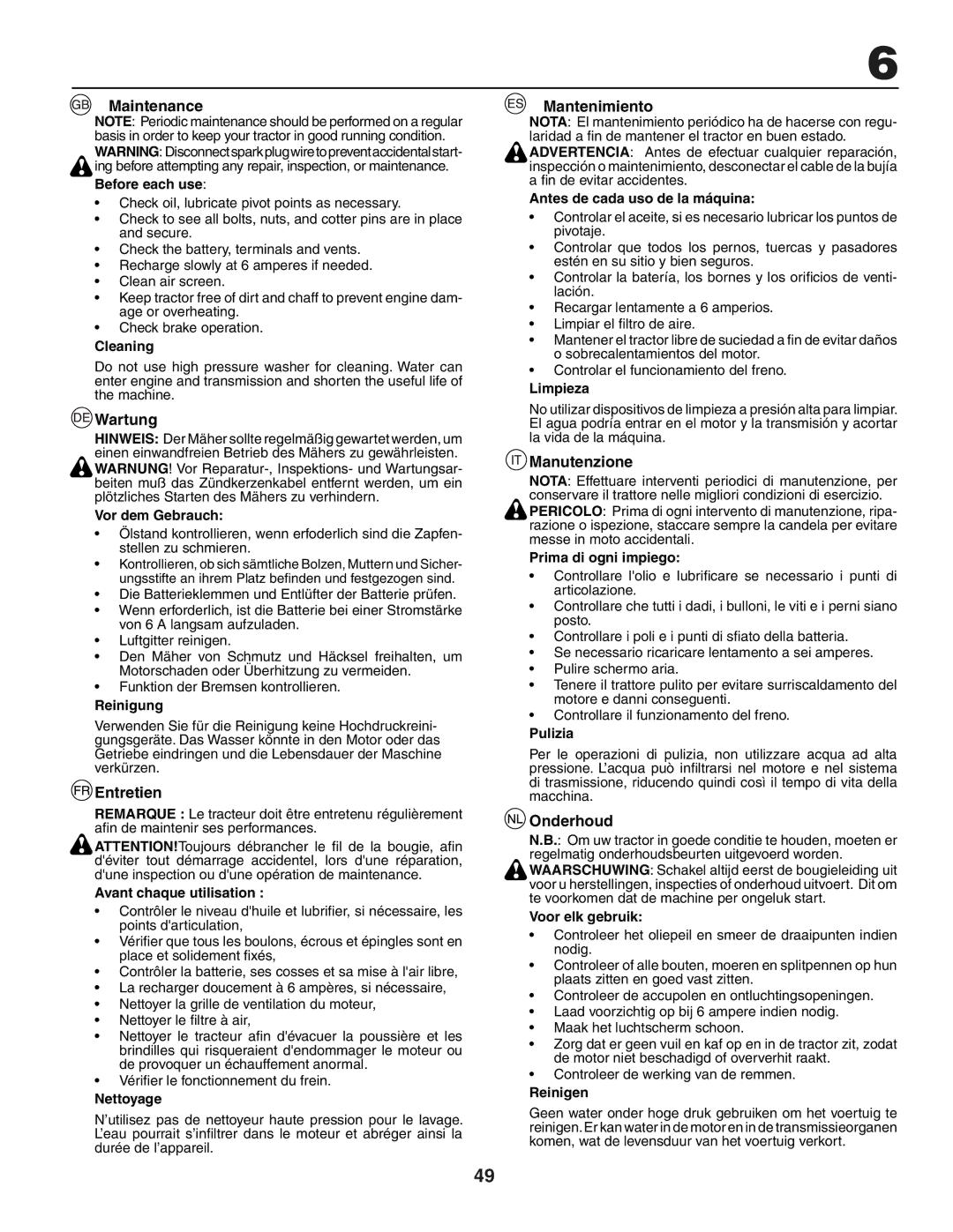 Husqvarna LTH151 instruction manual Maintenance, Wartung, Entretien, Mantenimiento, Manutenzione, Onderhoud 