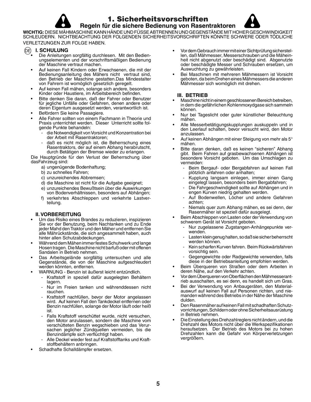 Husqvarna LTH151 instruction manual Sicherheitsvorschriften, Schulung, II. Vorbereitung, III. Betrieb 