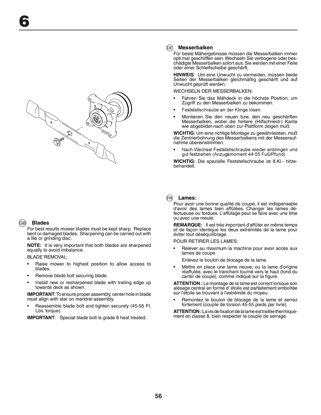 Husqvarna LTH151 instruction manual Blades, Messerbalken, Lames 