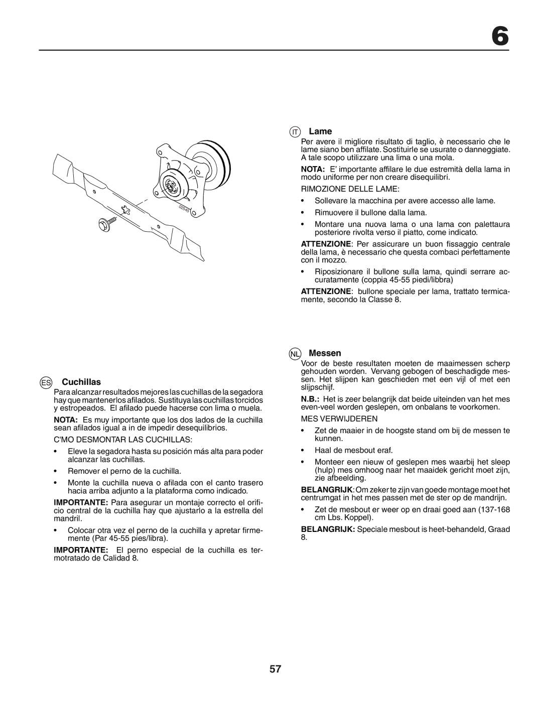 Husqvarna LTH151 instruction manual Cuchillas, Lame, Messen 